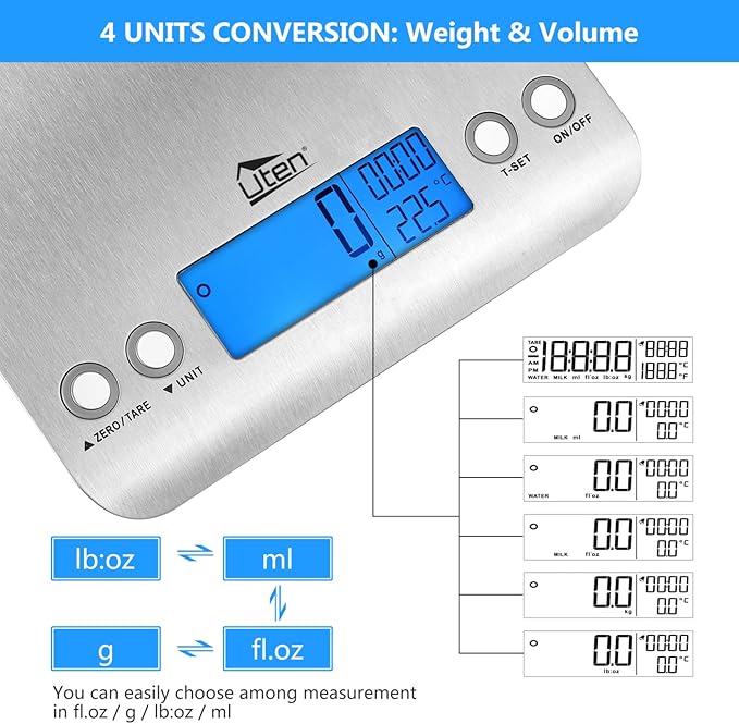 Digital Kitchen Scale Ultra Slim Multifunction Stainless Steel Hook Design Food Scale 11lb 5kg with Back-Lit LCD Display Ideal for Measuring Ingredients and Liquids