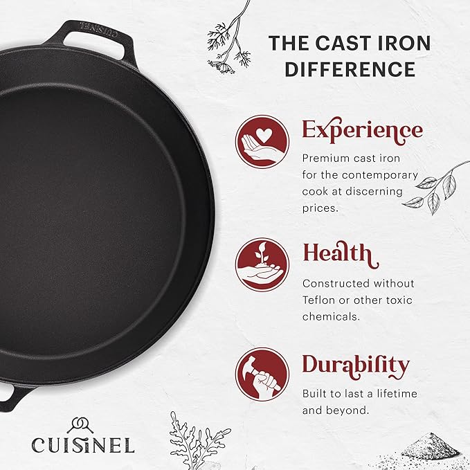 Cuisinel Cast Iron Skillet + Glass Lid + Red Chainmail Scrubber - 15"-Inch Dual Handle Braiser Frying Pan + Silicone Handle Covers - Pre-Seasoned Oven, Grill, Stovetop, Fire Cookware - Indoor/Outdoor