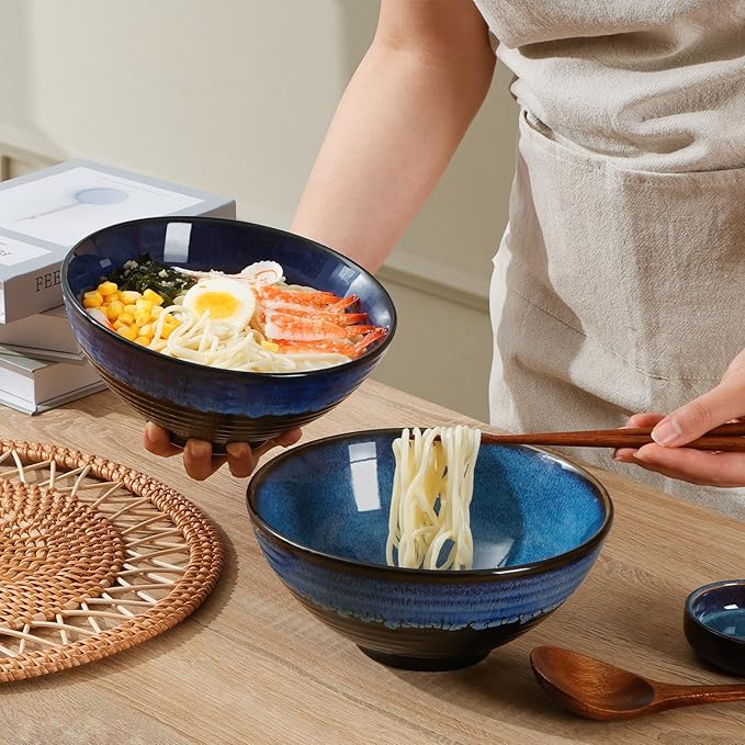 NUTRIUPS Set of 2 Ceramic Ramen Bowls with Spoons & Chopsticks, 40oz Large Soup Bowls for Udon, Miso, Noodles (Ocean Wave)
