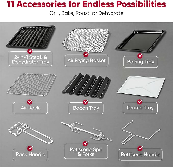 26-Quart Large Air Fryer Oven |10-in-1 Countertop Stainless Steel Toaster Oven Combo | Non Toxic Family Size Air Fryer - Frying, Baking, Toasting, Dehydrating, Rotisserie | 1700W 360° Heating