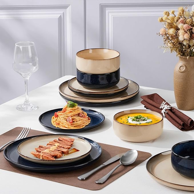 Herogo 12 Pieces Stoneware Dinnerware Dishes Set for 4, Kitchen Dining Plates and Bowls Sets, Double Reactive Glaze, Microwave & Dishwasher Safe, Scratch Resistant, Starry Blue & Cream Khaki