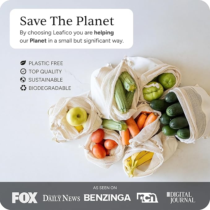 LEAFICO Reusable Produce Bags – 100% Cotton Mesh & Solid Hybrid (Medium 10x12 inch 3 Pcs) – Grocery Storage Bags for Fruit, Vegetables, Bulk Food – Washable, Plastic-Free, Breathable, Zero Waste