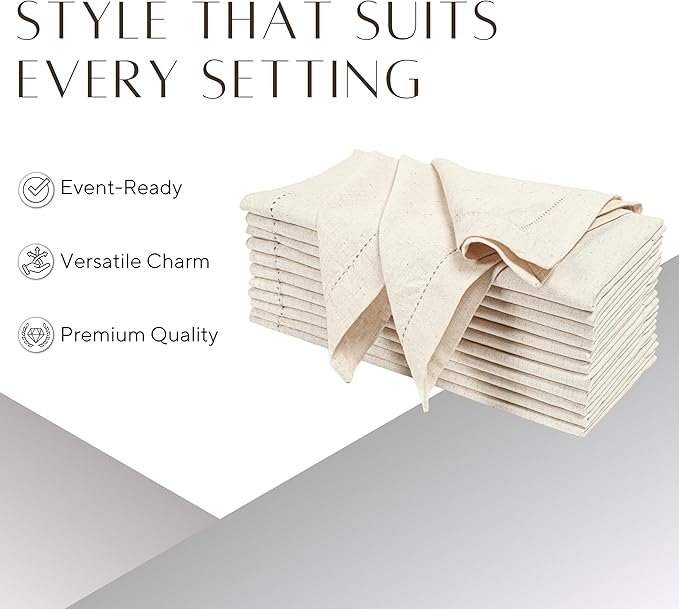 Ramanta Home Natural Cloth Dinner Napkin Set of 4-20x20 Inch, Premium Cotton Linen Flax Hemstitched Napkins, Soft Durable Washable for Everyday Use Thanksgiving Christmas Parties Halloween