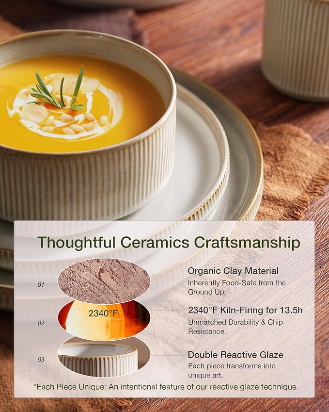 Famiware Star Dinnerware Set with Pasta Bowls, Service for 4 (16pcs), Ribbed Stoneware Plates and Double Bowls Dishes Sets - Chip & Scratch Resistant, Microwave & Dishwasher Safe, Cappuccino White