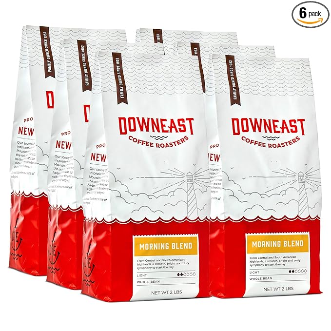 Downeast Coffee Roasters Whole Bean Coffee - Morning Breakfast Blend, Light Roast, 100% Arabica Coffee - Smooth, Bright and Balanced - South American Highlands Blend (2lb Bag, Pack of 6)