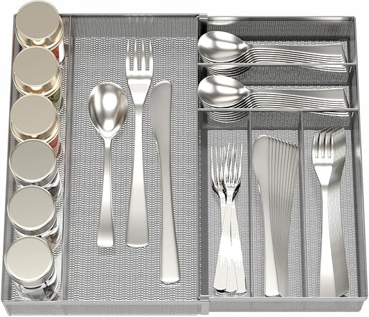 JANE EYRE Utensil Drawer Organizer - Expandable Cutlery Tray, Silverware/Flatware Storage Divider for Kitchen, Mesh Designing with Non-slip Rubber Feet (Silver)