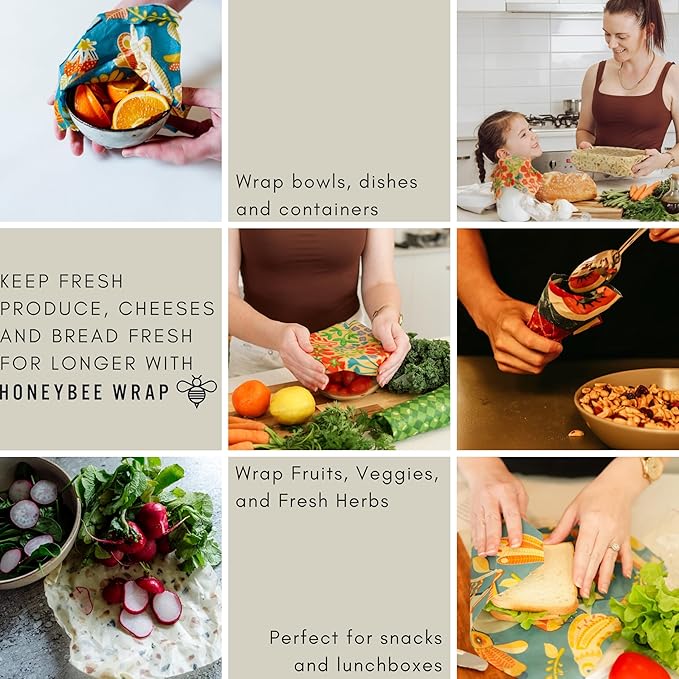 Beeswax Wraps for Food - The Kitchen Collection - Organic Cotton Beeswax Wrap - Reusable Beeswax Food Wrap - Plastic Wrap/Sandwich Bags Alternative - 4 Pack, S, M, L & XL