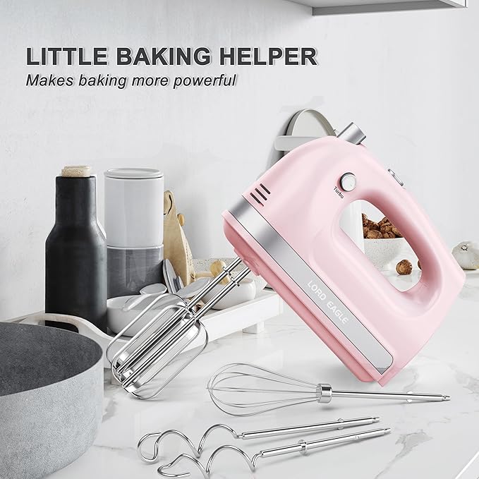 Lord Eagle Hand Mixer Electric 400W, 5 Speed handheld Mixer, 5 Stainless Steel Accessories for Baking Cake Egg Cream Food Beater, Turbo Boost/Self-Control Speed + Eject Button