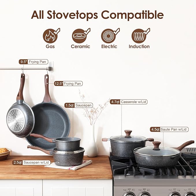 SENSARTE Nonstick Cookware Set 16-Piece, Healthy Pots and Pans Set, Non-stick Kitchen Cooking Set with Stay-Cool Handles, Silicone Utensils and Pot Protectors, PFOA Free