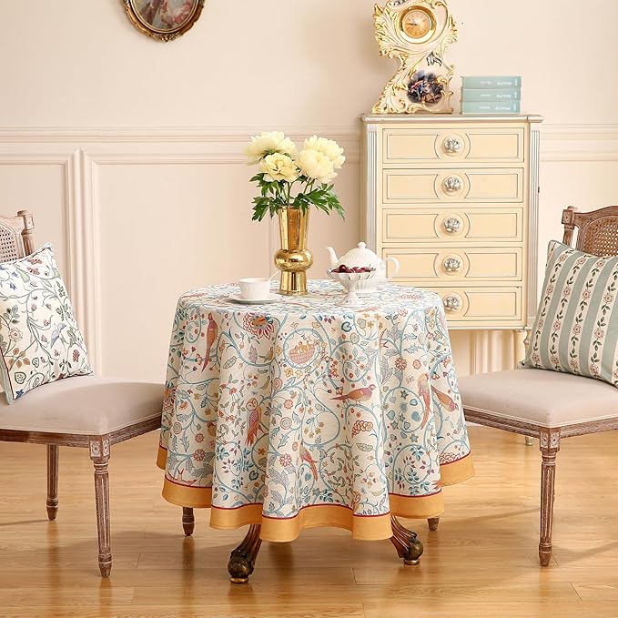 patdrea Designer Yellow French Spring Summer Tablecloth,Rustic Linen Floral Birds Table Cloth for Round Tables,Decor Table Cover for Kitchen Dining Holiday Banquet,Christmas,Diameter 55"