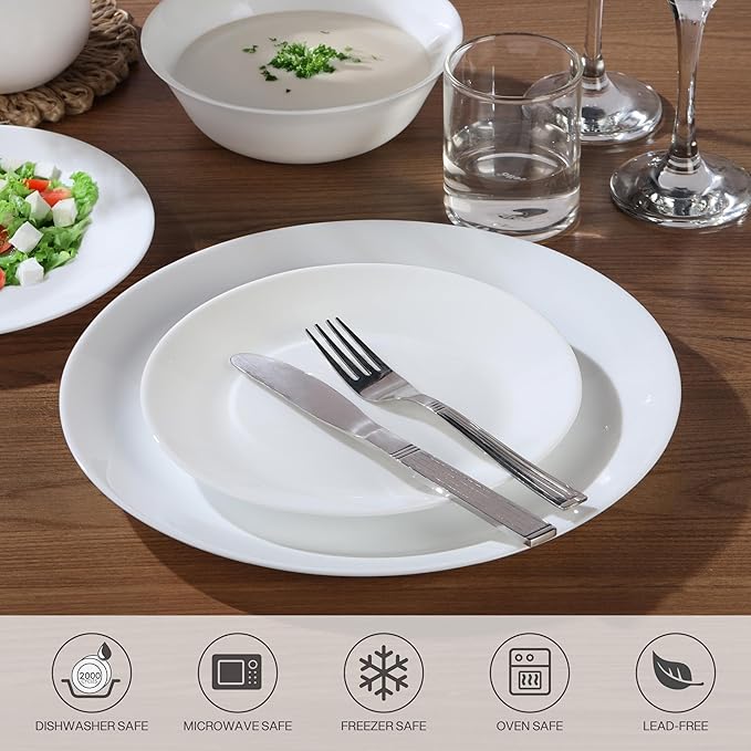 Cello Regal Dinnerware Set of 18 pieces, Service for 6, Chip & Scratch Resistant, Lightweight Round Plates and Bowls Set, Microwave & Dishwasher safe, Opalware Dinner Set, Plain