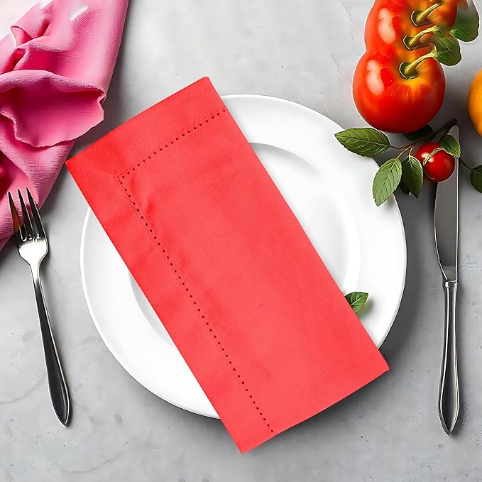 Urban Villa Cloth Napkins Hemstitch Solid Red100% Cotton Absorbent Dinner Napkins (Set of 6) 20x20 Inches Soft Durable Washable Reusable Ideal for Everyday Use Wedding Parties Cloth Dinner Napkins