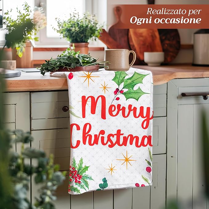 Maison d' Hermine Kitchen Towels Set of 3 100% Cotton 20" x 27.5" Reusable Cloth Tea Dish Towels Absorbent with Hanging Loop for Kitchen Thanksgiving Christmas Decorations (Poinsettia Christmas)