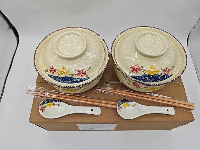 Ceramic Ramen Bowl Set, 800ml, with Lid, Spoon and Chopsticks, Japanese Vintage Large Soup Bowls Instant Noodle Bowl Asian Tableware (Color*2)