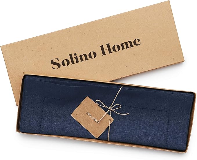Solino Home Linen Cloth Placemats Set of 6-100% Pure Linen Hemstitch Navy Blue Placemats 14 x 19 Inch - Classic Hemstitch Table Place Mats for Thanksgiving, Christmas, Holiday, Winter