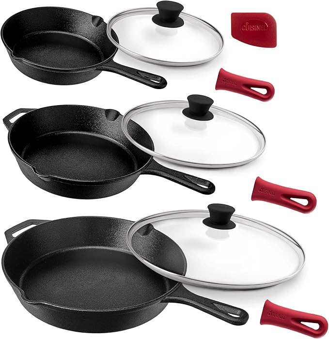 Cuisinel Cast Iron Skillets Set + Glass Lids - 8"+10"+12"-Inch Frying Pans + Silicone Handle Holder Covers - Pre-Seasoned Oven Cookware - Use Indoor/Outdoor, Grill, Stovetop, Camping Fire, Oven