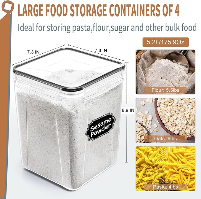 PRAKI Large Airtight Food Storage Containers 5.2L / 195oz, BPA Free, 4pcs Pantry Kitchen Organizers and Storage for Flour, Sugar, Baking Supplies, Plastic Flour Container with 20 Labels & Maker