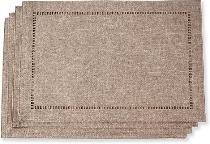 Tosewever Set of 4 Decorative Linen Placemats 12 x 18 Inches, Farmhouse Style Table Mats for Everyday Dining Wedding Party Holiday Home Decor (4 Pieces 12 x 18”, Light Coffee/Straight)