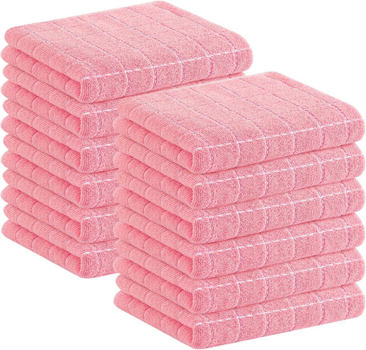 Homaxy 100% Cotton Terry Kitchen Towels(Pink, 13 x 28 inches), Checkered Designed, Soft and Super Absorbent Dish Towels, 12 Pack