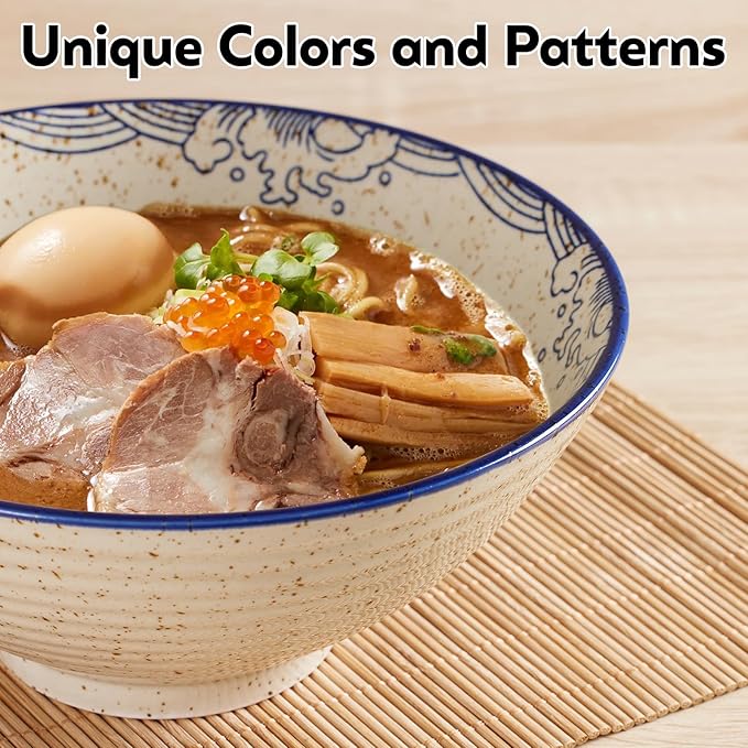 40 OZ ceramic ramen bowls, 8 IN large Japanese noodle soup bowl, match chopsticks and spoons, suitable for Pho, Udon Asian noodles (Japanese fish)
