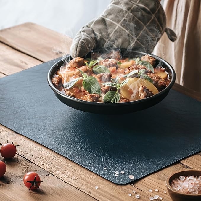 DOLOPL Placemats Set of 6 Reversible Dual-Color Table Placemats – Heat Resistant Wipeable & Washable Place Mats, Luxury Faux Leather Table Mats for Vintage Dining Table Decor (Camel & Navy Blue)