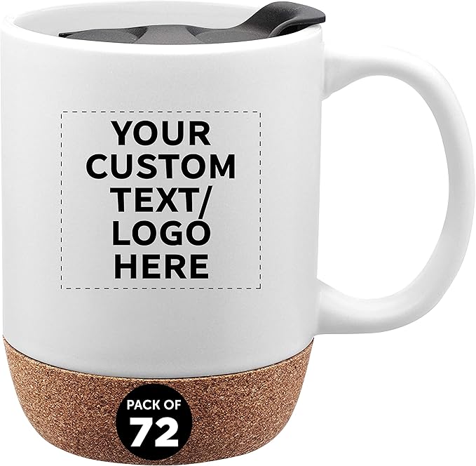 Custom Barista Ceramic Mugs with Cork Bottom 13 oz. Set of 72, Personalized Bulk Pack - Perfect for Coffee, Tea, Espresso, Hot Cocoa, Other Beverages - White
