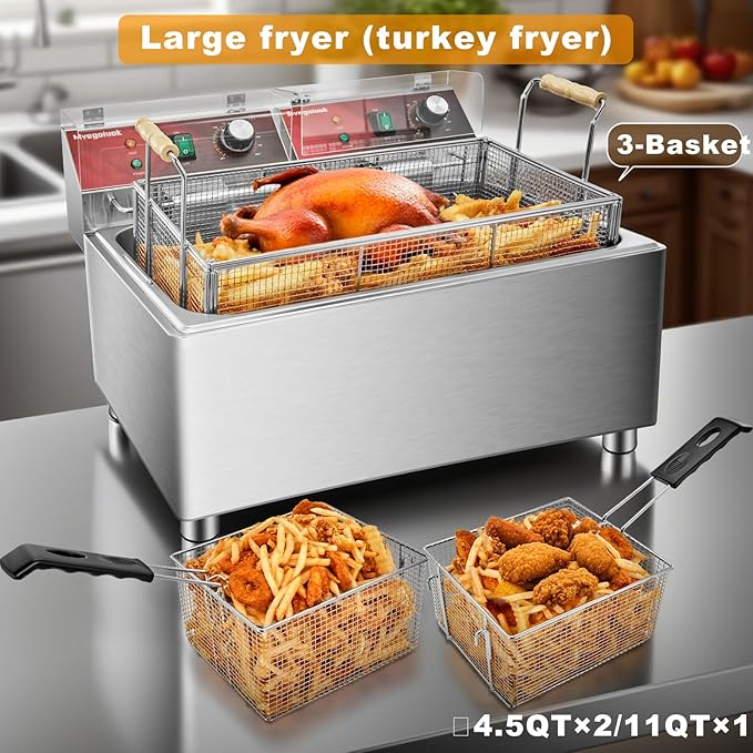 Mvegoiuok Electric Large Deep Fryer With 3 Basket 3600W Commercial Turkey Fryer Pot With Oil Filtration Lid 25QT Stainless Steels Frier for Home Use Oil Fryer