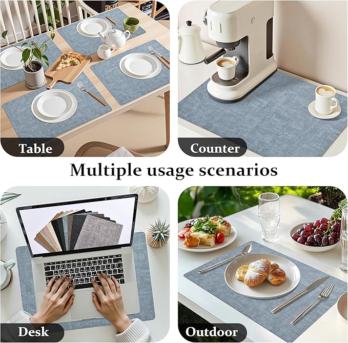 FROMHEART Faux Leather Placemats Set of 4–Waterproof,Heat/Oil Stain-Resistant PU Table Mat–Reversible,Non-Slip,Easy to Clean Place Mats for Kitchen,Dining,Indoor/Outdoor,(Light Blue,11.8" x 17")