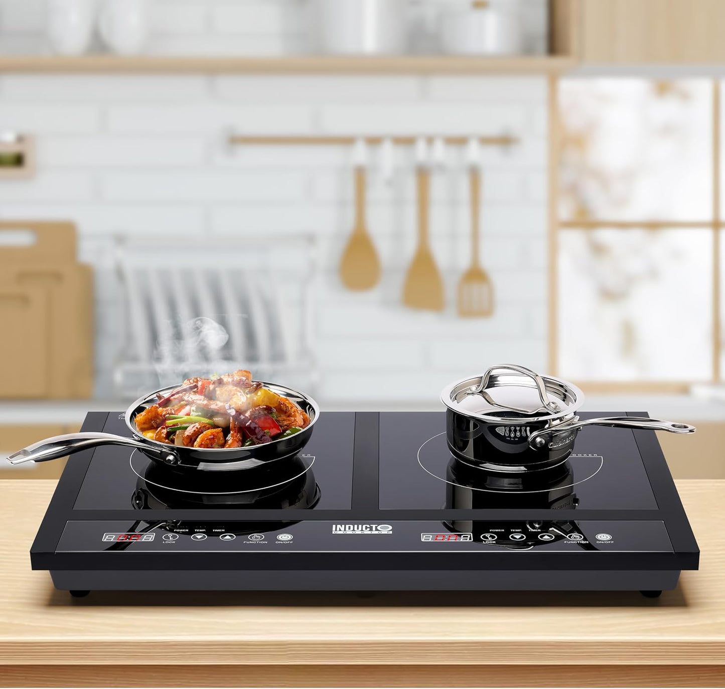 Homewell Inducto Dual Induction Cooktop Countertop Burner, Portable Electric Cooktop with Two Heating Zones, Energy-Efficient Countertop Stove, Easy-to-Clean Glass Surface, Black 1800W