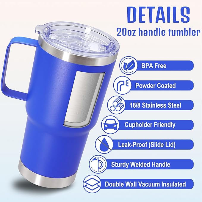 20 oz Tumbler with Handle and Lid, Stainless Steel Tumbler Insulated Travel Coffee Mug, Spill Proof Double Wall Vacuum Tumbler Cup Keep Drink Hot & Cold, Dark Blue, 6 Pack
