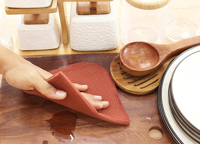 PurpleEssences Rust Dish Cloths and Dish Rags - 6 Pack Waffle Weave Solid Kitchen Dish Wash Cloths, 100% Cotton, 12 x 12 Inches, Ultra Soft Absorbent Quick Drying - Christmas Holiday Winter - Rust