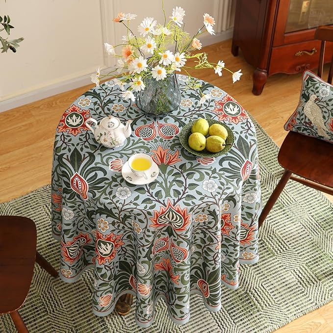 French Tablecloth for Round Tables,Linen Table Cloth with Colorful Flowers Pattern,Heavy Durable Table Cover for Dining Thanksgiving Kitchen Decor Party Christmas,Diameter 67"