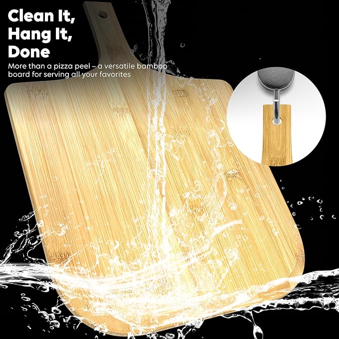 Pizza peel, 12" natural bamboo pizza paddle, Essential accessories for indoor Outdoor Ovens, baking homemade pizza, cutting board, Cheese, Serving Pizza, Bread, Cookies & More, Eco-Friendly & Durable