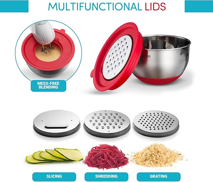 Belwares Mixing Bowls with Lids Set - Nesting Bowls with Airtight Lids + Graters - Stainless Steel Non-Slip Mixing Bowl for Baking, Food Storage and Prepping (Red, 5-Piece Set)