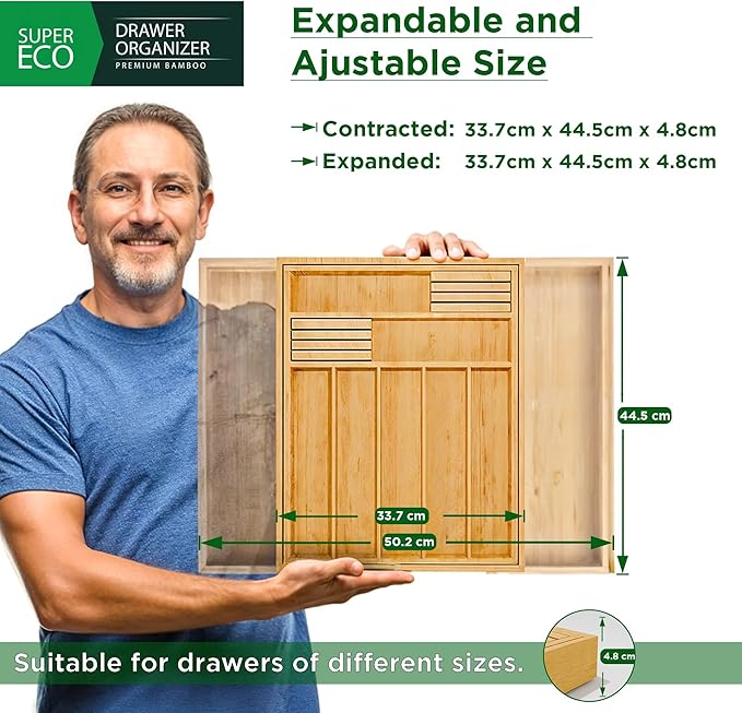 Bamboo Kitchen Drawer Organizer - Bamboo Expandable Drawer Organizer Utensil Holder & Cutlery Tray - Adjustable Wood Drawer Dividers Organizer for Silverware, Flatware, Knives (9 Slot)