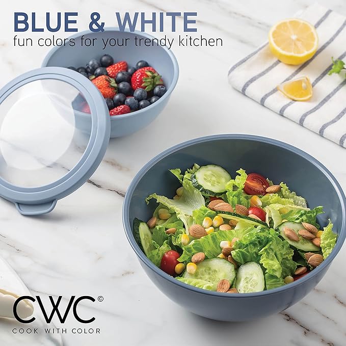 COOK WITH COLOR Mixing Bowls with TPR Lids - 12 Piece Plastic Nesting Bowls Set includes 6 Prep Bowls and 6 Lids, Microwave Safe Mixing Bowl Set (Blue and White)