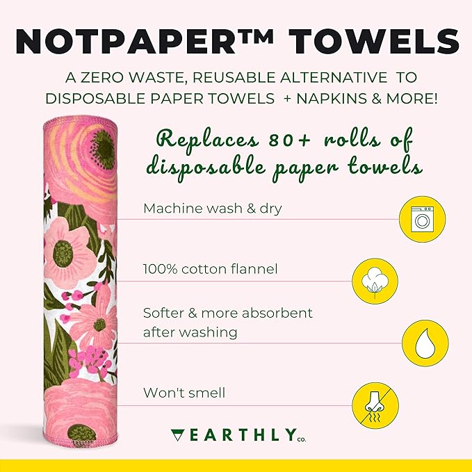 Reusable Paper Towels - 10 Pack - Roll of Washable Cotton Cloth Paper Towels - Paperless Reusable Napkins Cloth Washable - Absorbent + Long Lasting - Zero Waste Products - (Flower Power)