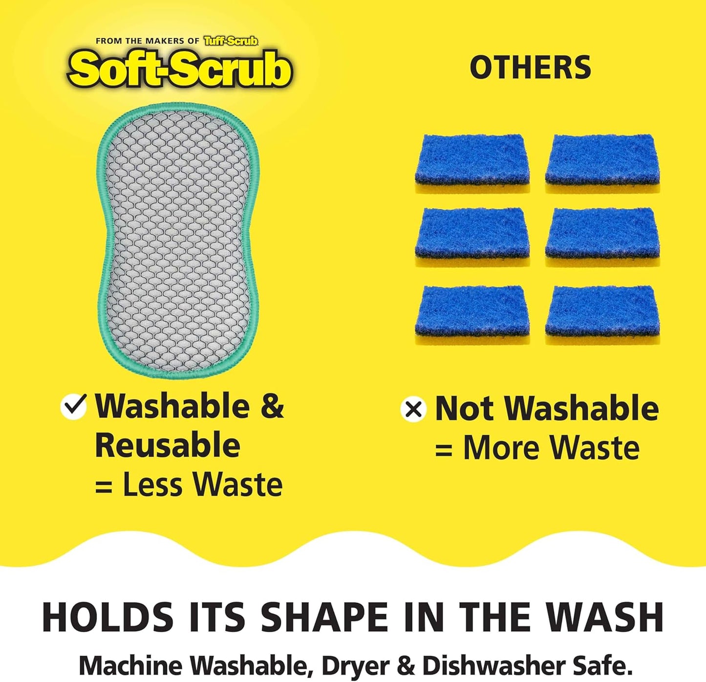 Soft-Scrub by Tuff-Scrub Scrub-N-Wipe Pad, Large, 6-Pack, Microfiber, Multi-Surface, Non-Scratch, Dual-Sided, Scrubber for Dishes, Sinks, Non-Stick Cookware, Machine Washable, Kitchen Sponge
