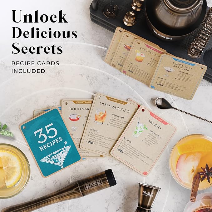 BARE BARREL® Mixology Bartender Kit Bar Set | 14-Piece Cocktail Shaker Set | Martini Barware Mixing Tools for Home Bartending | 35 Recipe Cards | Gift Set (28oz Boston Shaker, Brass/Black)