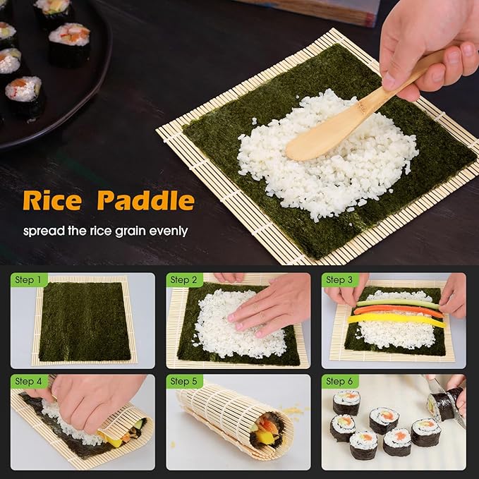 Sushi Making Kit,1 Bamboo Sushi Mat,1 Rice Bazooka, 5 Pairs of Chopsticks, 2 chopsticks holder,1 Paddle, 1 Spreader, ideal gift for Sushi making Beginner