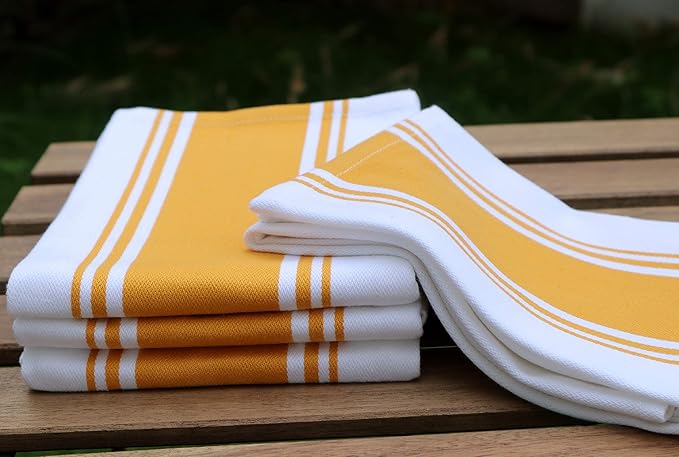 AMOUR INFINI Kitchen Towels 100% Cotton Pack of 4, Highly Absorbent Quick Drying Premium Striped Dish Towel for Kitchen with Hanging Loop Hand & Tea Towels (Yellow)