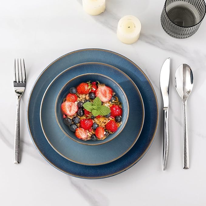 GBHOME Ceramic Dinnerware Sets for 8, 24 Pieces Stoneware Plates and Bowls Sets, Reactive Glaze Dishes -Scratch Resistant, Dishwasher&Microwave Safe-Alaskan Blue