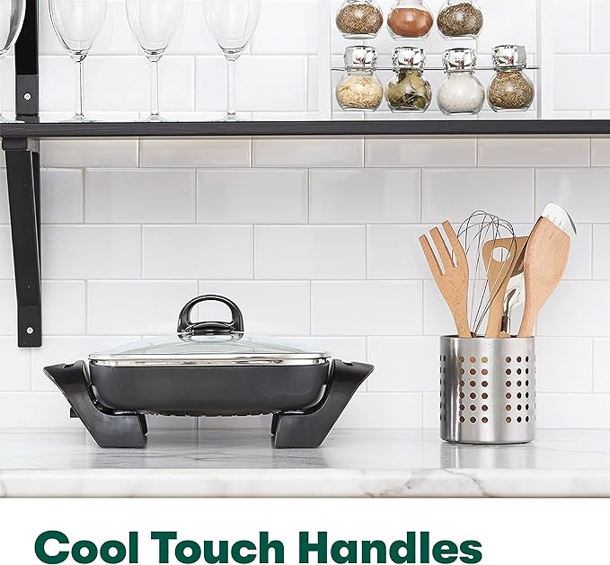 bella Electric Skillet and Frying Pan with Glass Lid, Nonstick Coating, Cool Touch Handles, Removable Heating Probe, Dishwasher Safe, 12 x 12 inch, Black, PFOA & PTFE Free