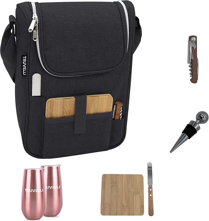 Truvelli Black Insulated Wine Tote Bag: Portable 2 Bottle Cheese Waterproof Black Canvas Carrier Picnic Kit - Stopper Attachment, Plus Wooden Charcuterie Board
