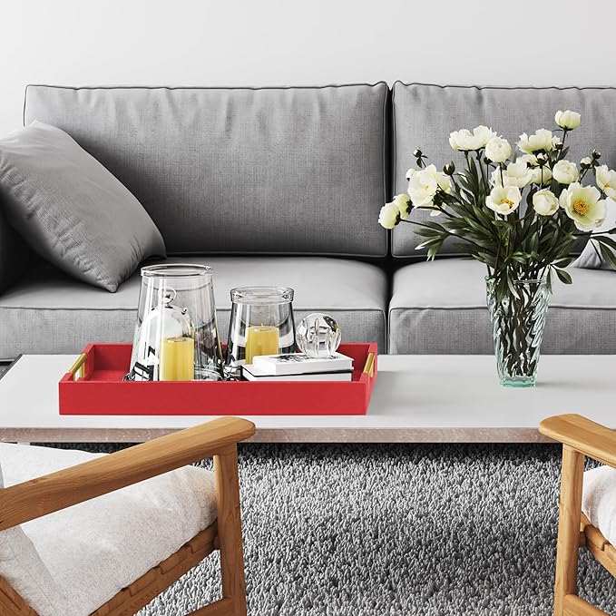 17" x 12" Wood Serving Tray with Gold Polished Metal Handles, Home Decorative Wooden Rectangle Ottoman Leather Decor Platter Bathroom Vanity Tray for All Occasions Red