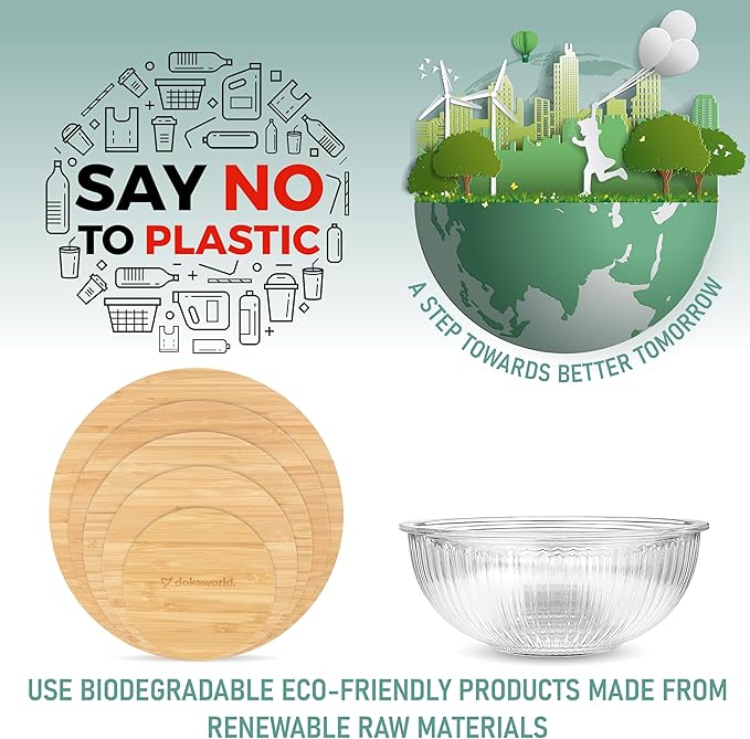 Stackable Space-Saving Set of 5 Nesting Glass Bowls with Bamboo Lids for Foodprep, Storage, Baking, Mixing & Cooking, Microwave & Oven Safe BPA Free Heat Resistant Inert Borosilicate Glass