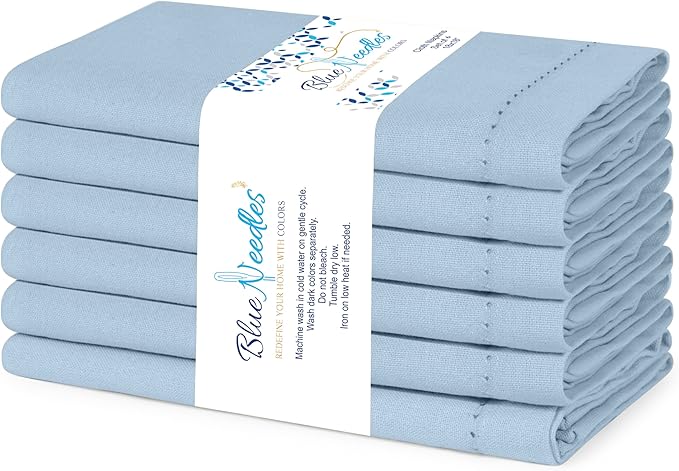 Blue Needles Set of 6 Hemstitch Linen Napkins 100% Cotton Ice Blue Cloth Dinner Napkins 18x18 inches, Soft, Reusable, Absorbent, Washable, Ideal for Fall Thanksgiving Events, Parties & Everyday Use