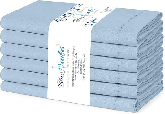 Blue Needles Set of 6 Hemstitch Linen Napkins 100% Cotton Ice Blue Cloth Dinner Napkins 18x18 inches, Soft, Reusable, Absorbent, Washable, Ideal for Fall Thanksgiving Events, Parties & Everyday Use