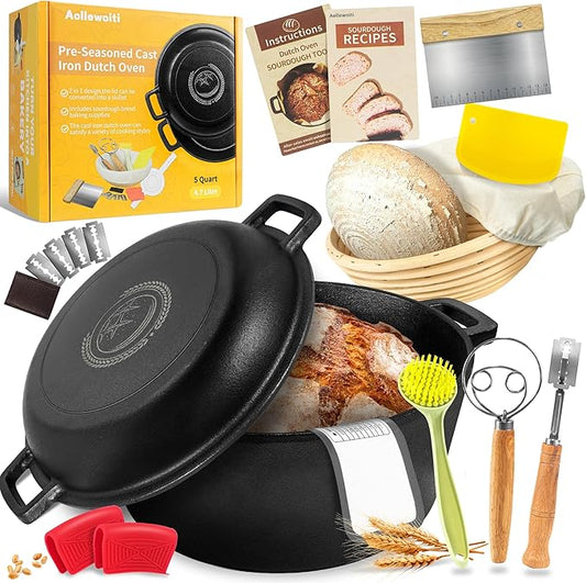 Pre-Seasoned Cast Iron Dutch Oven Pot with Skillet Lid, 5 Qt Bread Dutch Oven Includes Proofing Basket Sourdough Starter Kit for Bread Baking, Camping, Frying and Braising