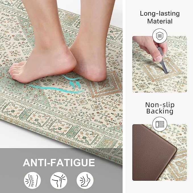 GENIMO Kitchen Mats for Floor 2PCs, Washable Anti Fatigue Mat for Cushioned, 17.3"x59"+17.3"x30", Waterproof Kitchen Rugs, Non Slip Comfort Standing Mat Rug for Home, Sink, Laundry, Green